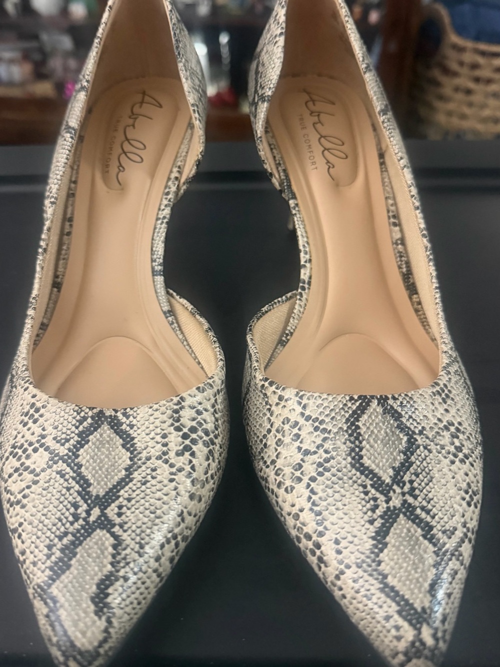 Abella Snake-Print Pointed D'Orsay Flats in Cream and Black